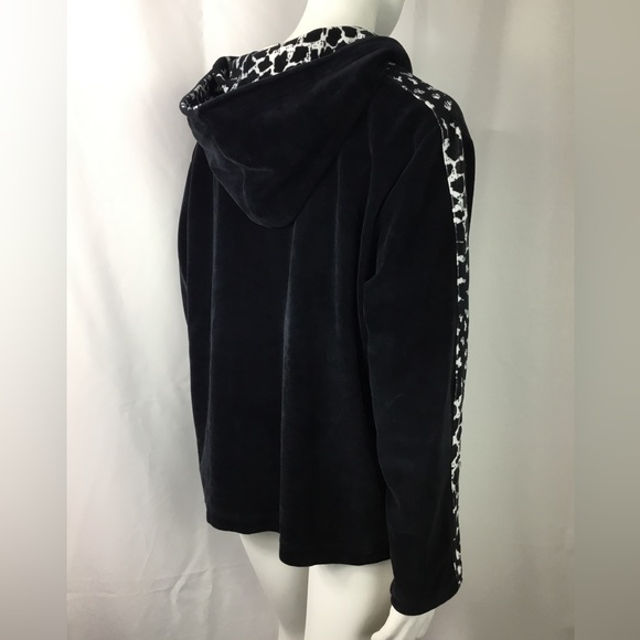 Black Velour Sweat Track Sweater Hooded Animal Print Side Stripe Women’s Size L - Picture 3 of 6